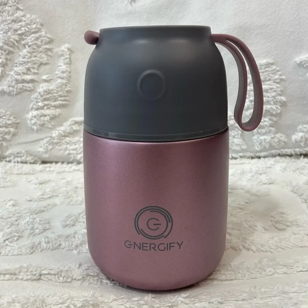 GNERGIFY Double Wall Vacuum Food Jar Thermos w/ Folding Spoon & Bag 22 oz Purple